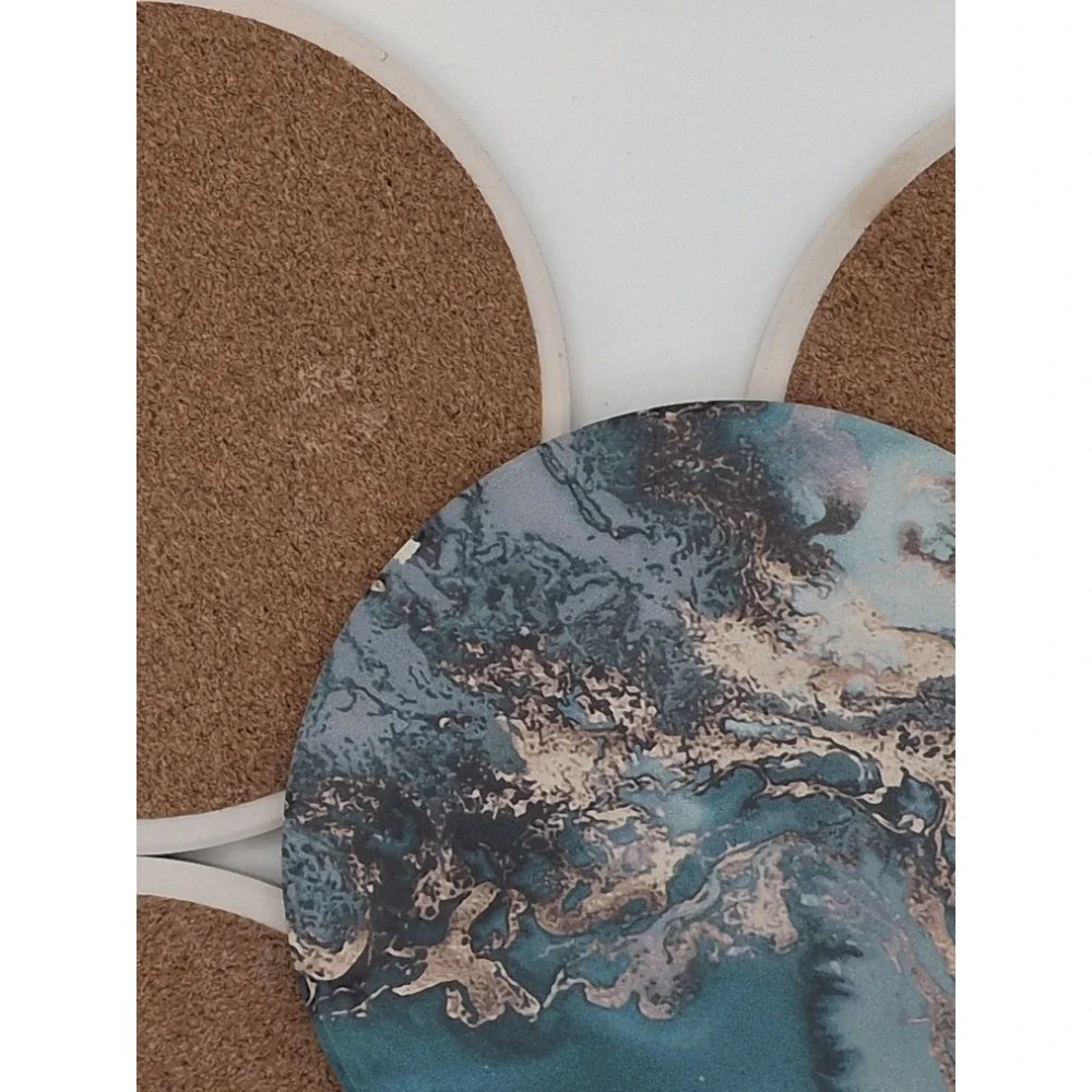 Set of 4 Abstract Coastal Marble Pattern Coasters Teal Blue Gold Cork Backing